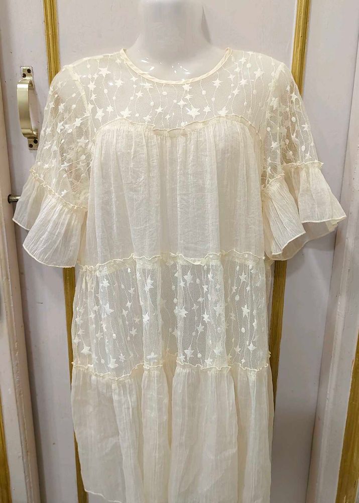 Sheer Star Print Tiered Midi Dress