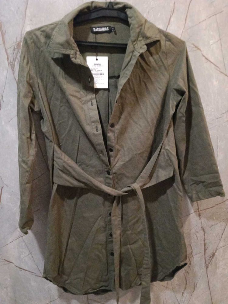 Olive Green Belted Shirt Dress (size-S)