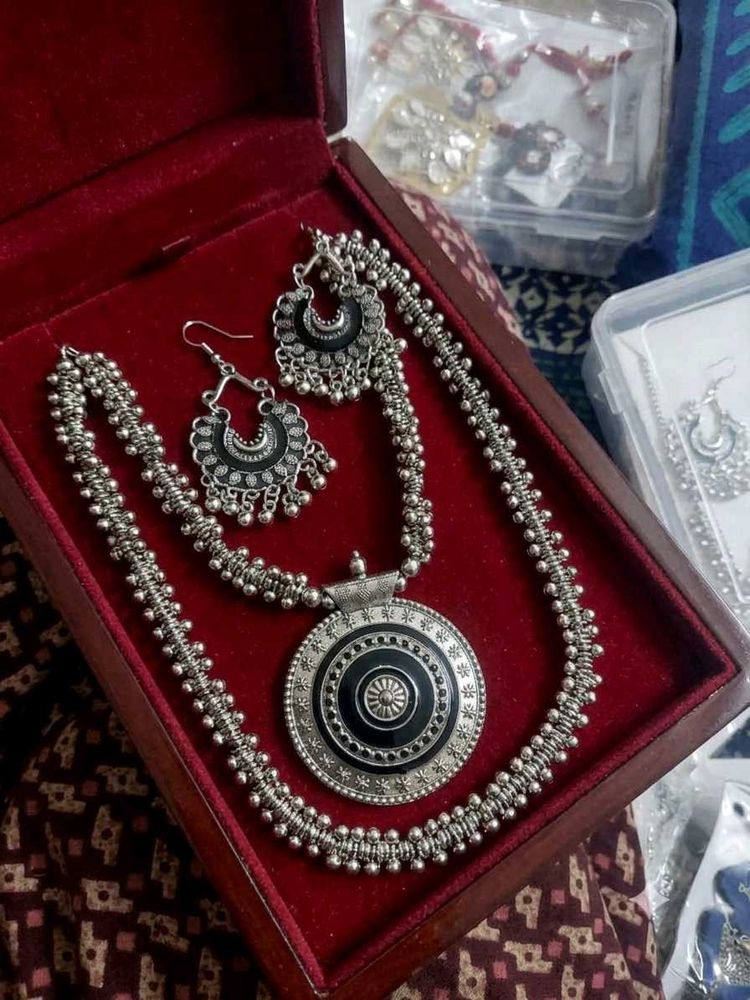 Oxidised Silver Necklace and Earrings Set