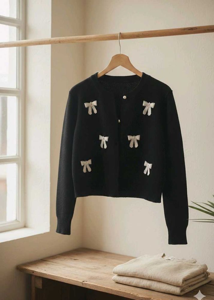 Bow Embellished Black Cardigan