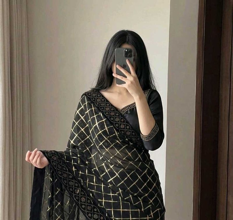 ​ Black &amp; Gold Saree Elegance ✨️