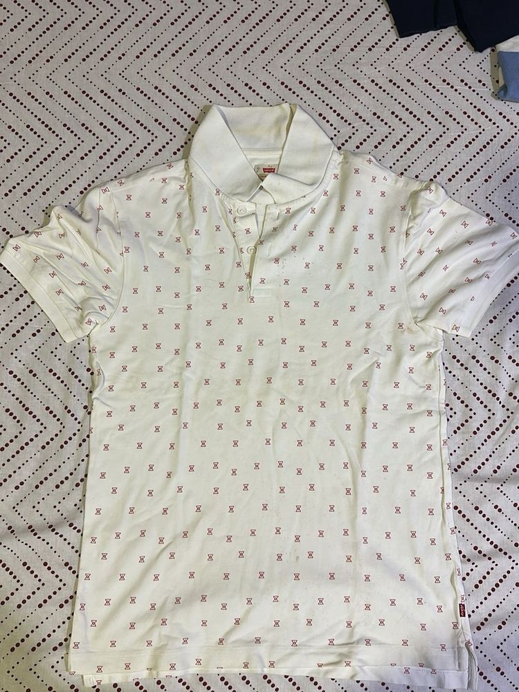 White Polo Shirt with Red Pattern
