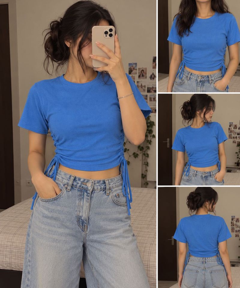 Blue Ruched Drawstring Cropped Tee