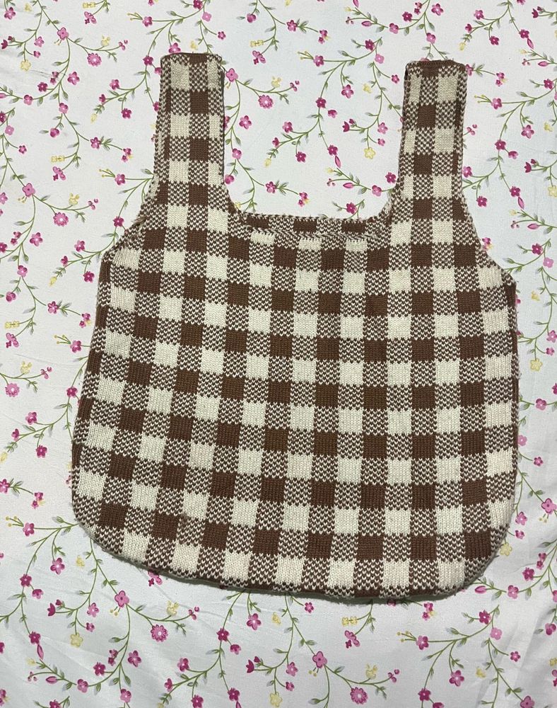 Brown &amp; White Checkered Tote Bag