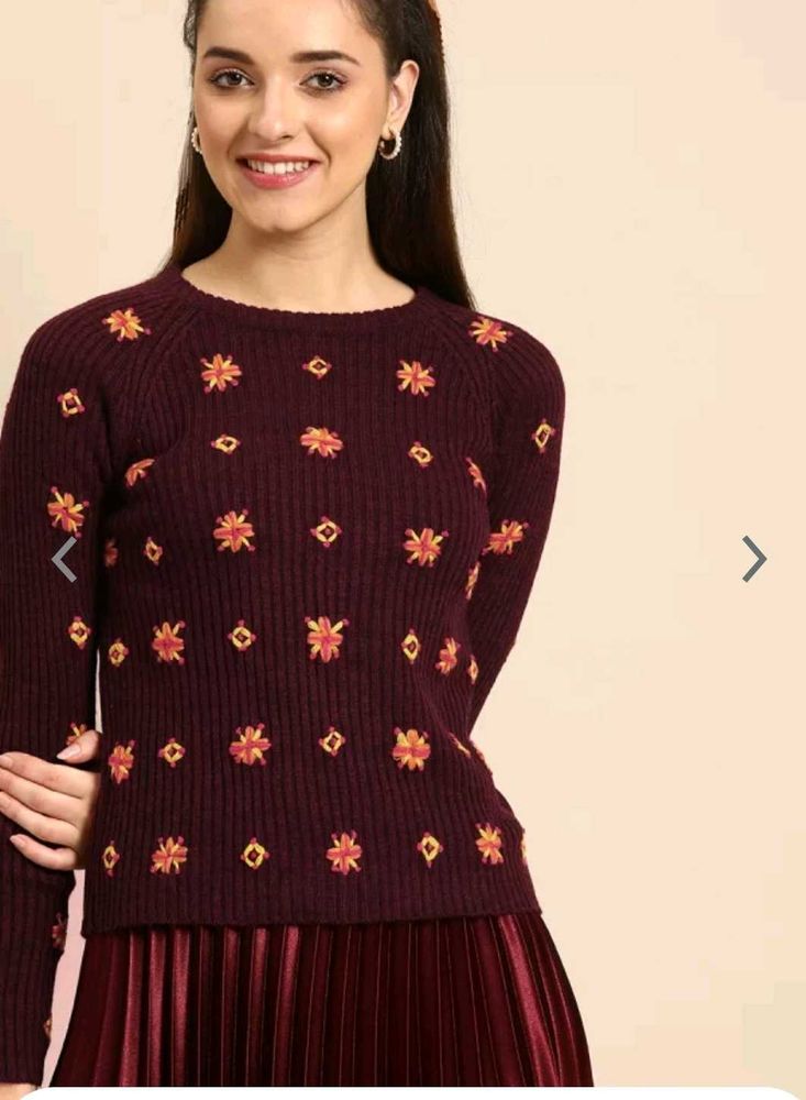 Urgent Sell Floral Embroidered Burgundy Sweater