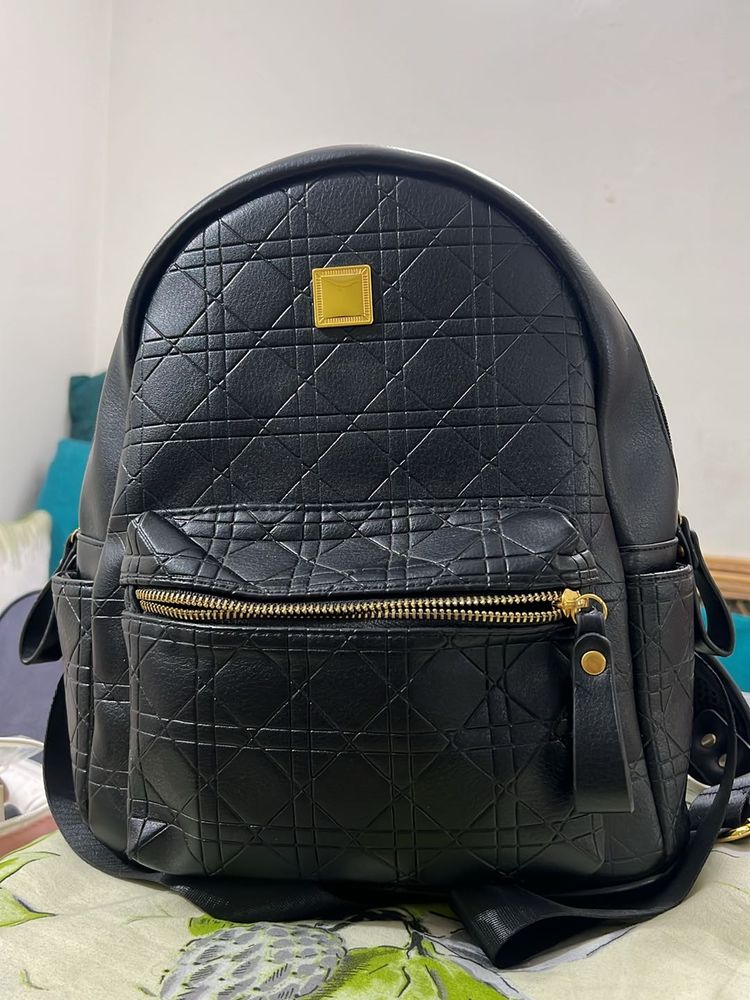 Black Faux Leather Cute Bagpack With Gold Hardware