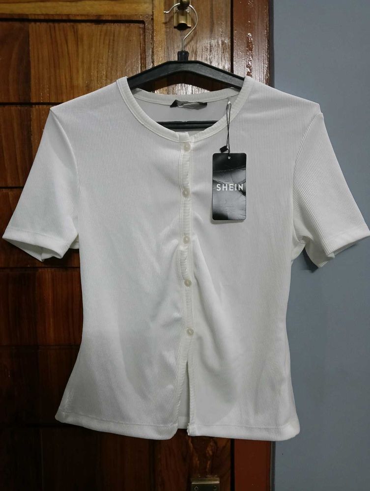 SHEIN White Ribbed Button-Up Top