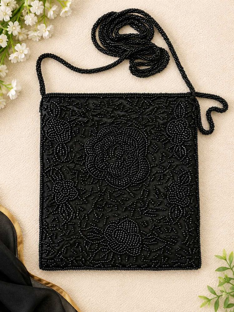 Elegant Black Beaded Evening Clutch Bag