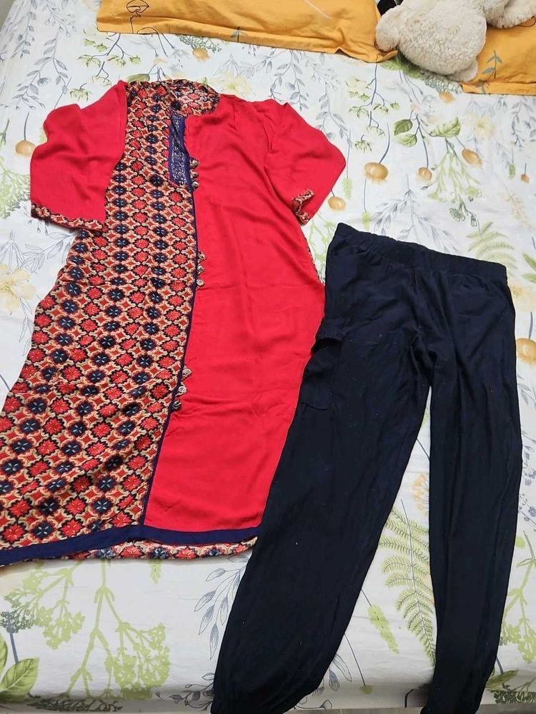 Vibrant Red Kurta Set with Navy Pants