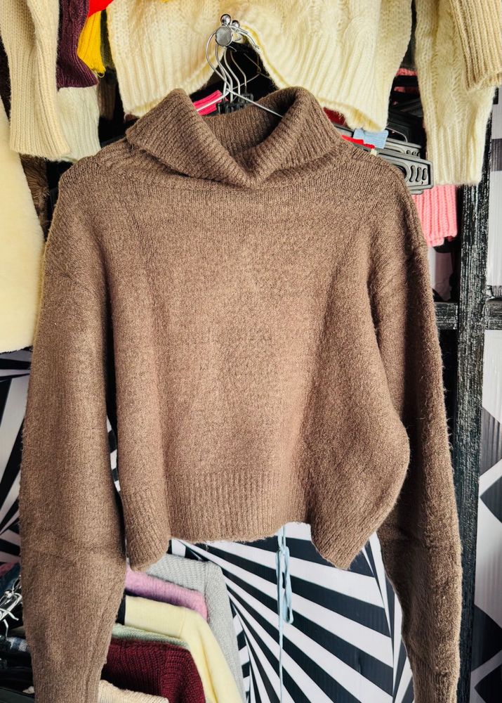 Brown Turtleneck Crop Sweater