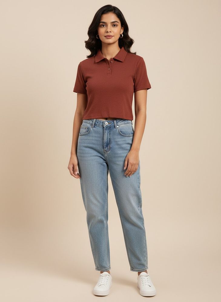 Ribbed Collared Crop Top