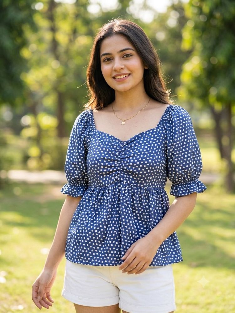 Chic Blue &amp; White Polka Dot Top