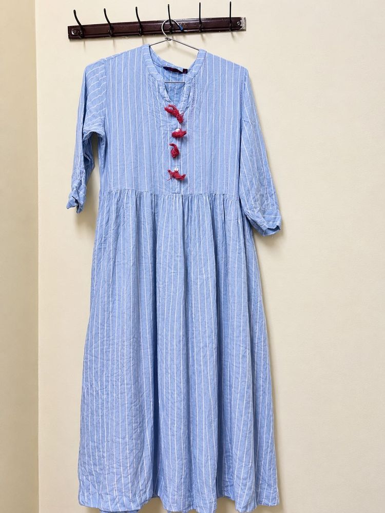 Blue Striped Kurta with Red Tassels