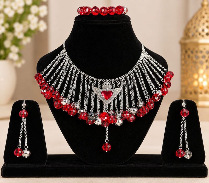 Red Crystal Heart Wings Jewellery Set
