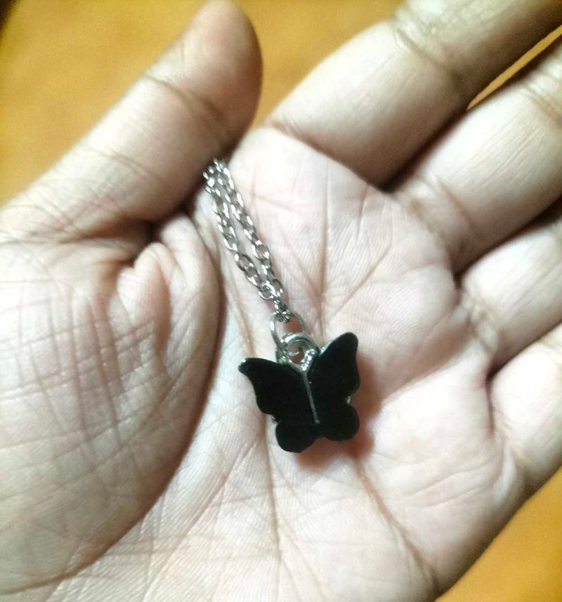 Black Butterfly Necklace 🦋 With Silver Chain