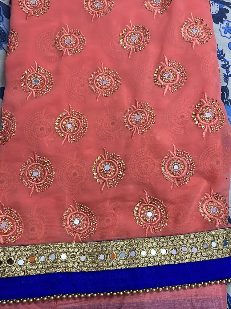 Coral And Blue Georgette Heavy Work Saree