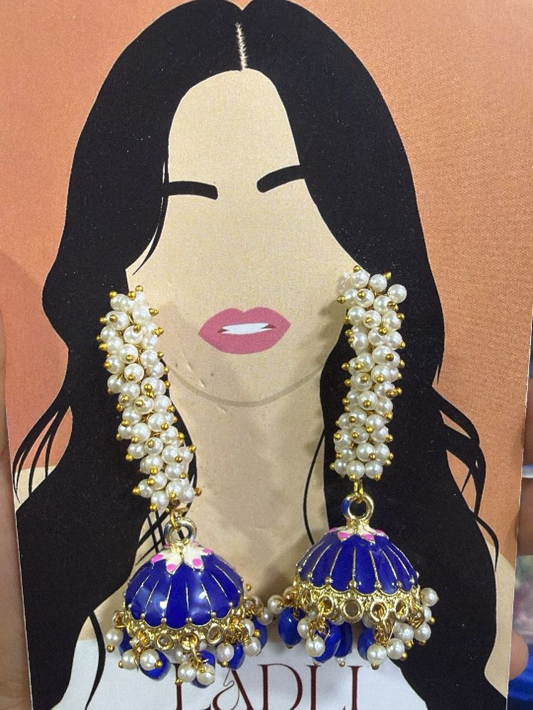 Blue Jhumka Earrings with Pearls