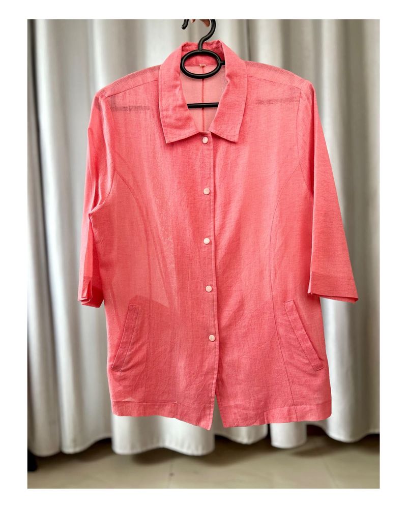 Coral Linen Blend Open Collar Shirt