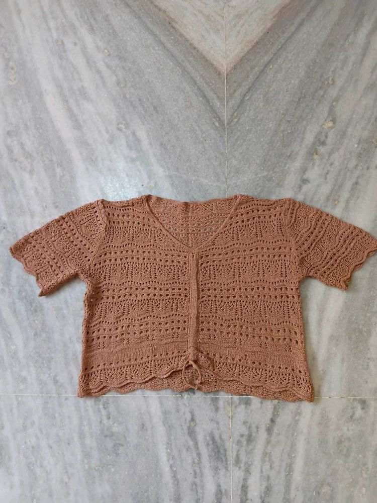 Crochet Knit V-Neck Top