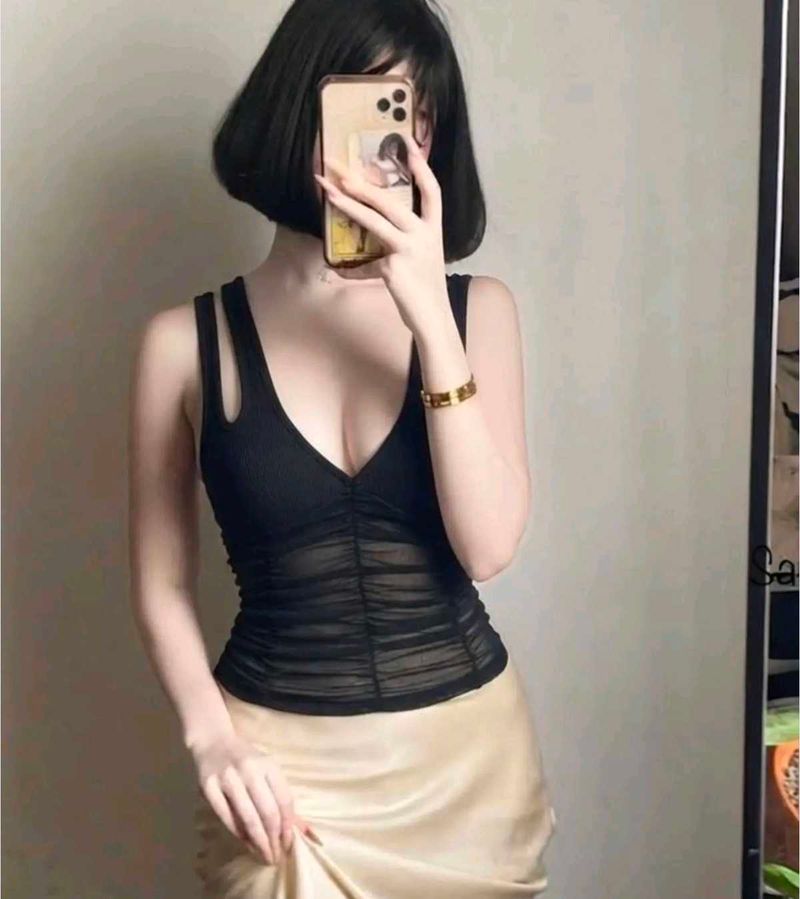 Chic Black Ruched Mesh Tank Top