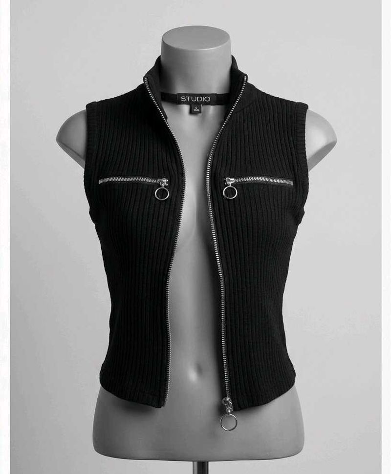 Black Ribbed Zipper Vest Top