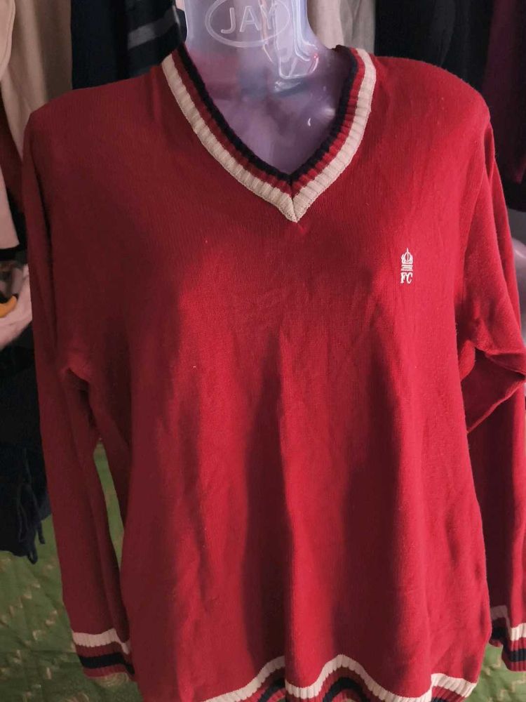 Red V-Neck Sweater with Striped Trim