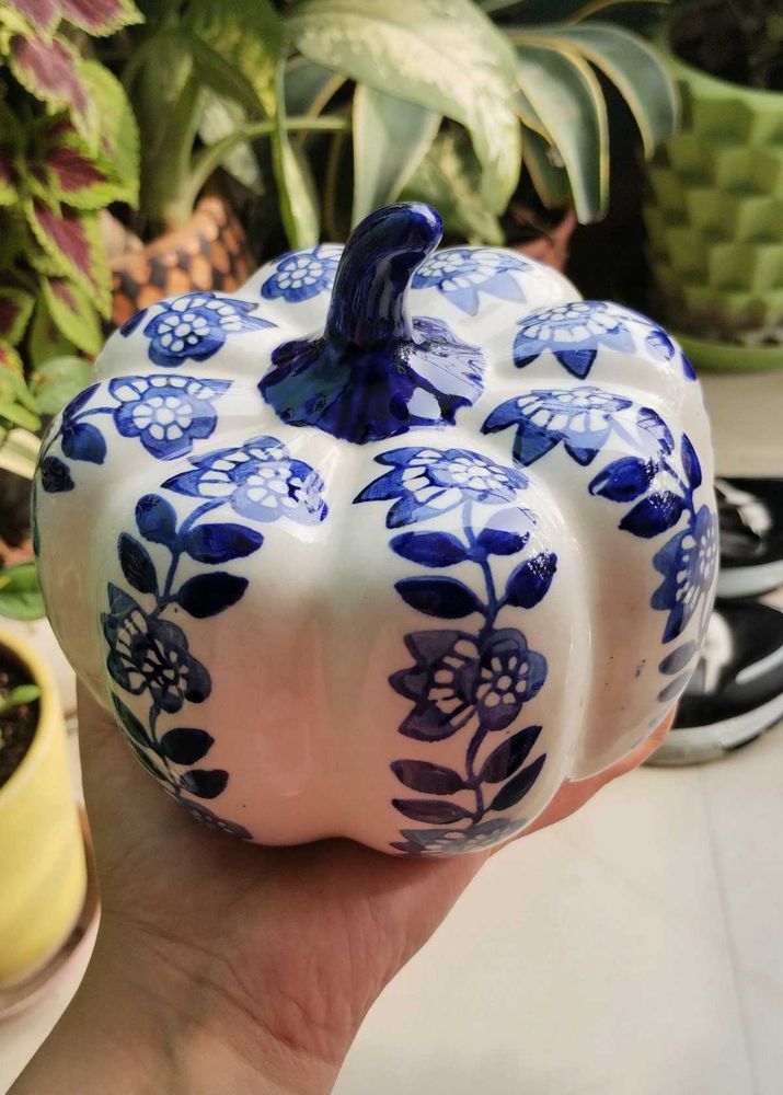 Blue Floral Ceramic Pumpkin Decor
