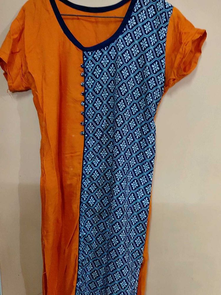 Orange Kurta with Blue Print