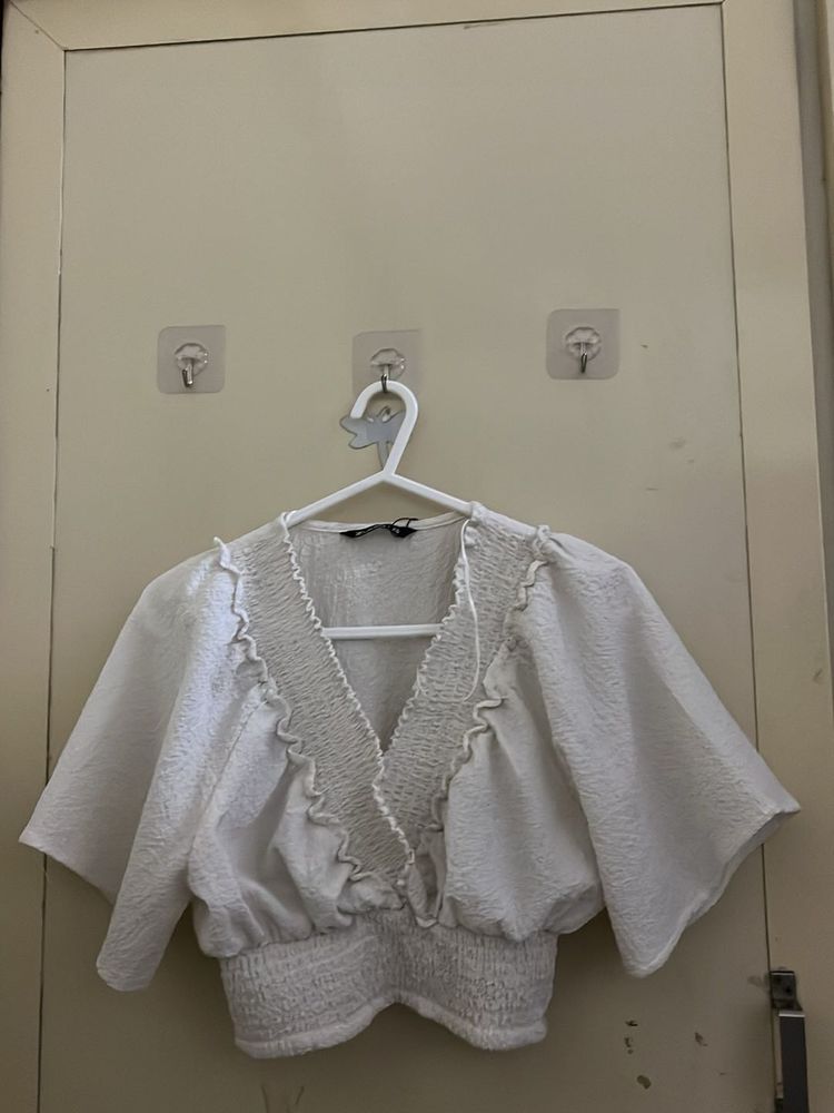 White Smocked V-Neck Cropped Top
