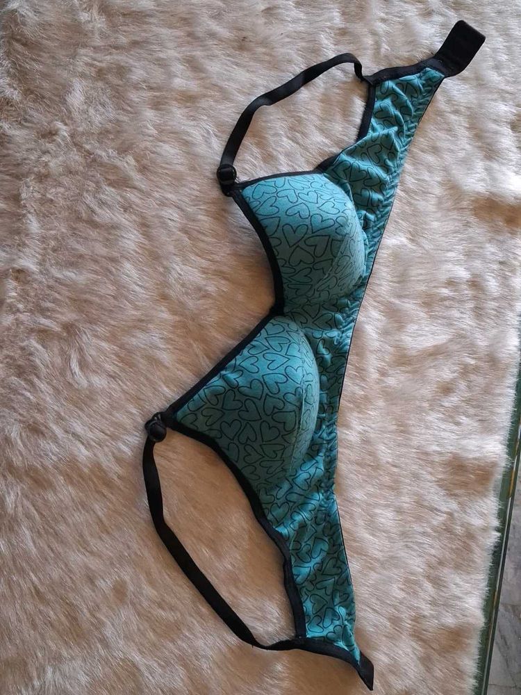 Turquoise Heart Print Bra