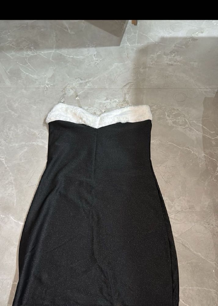 Black Strapless Dress with Fur Trim