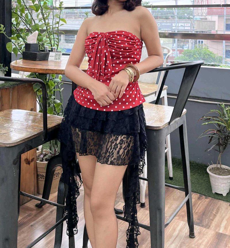 Strapless Ruched Polka Dot Tie Up Top