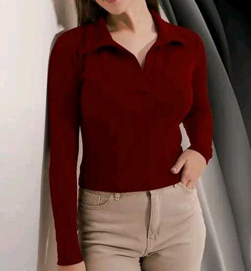 Maroon Collared Long Sleeve Top