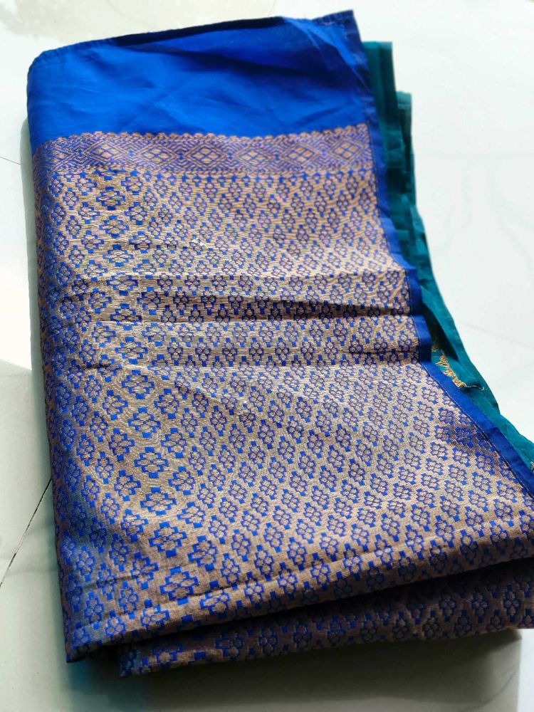 Beautiful Blue Silk Saree with Gold Motifs