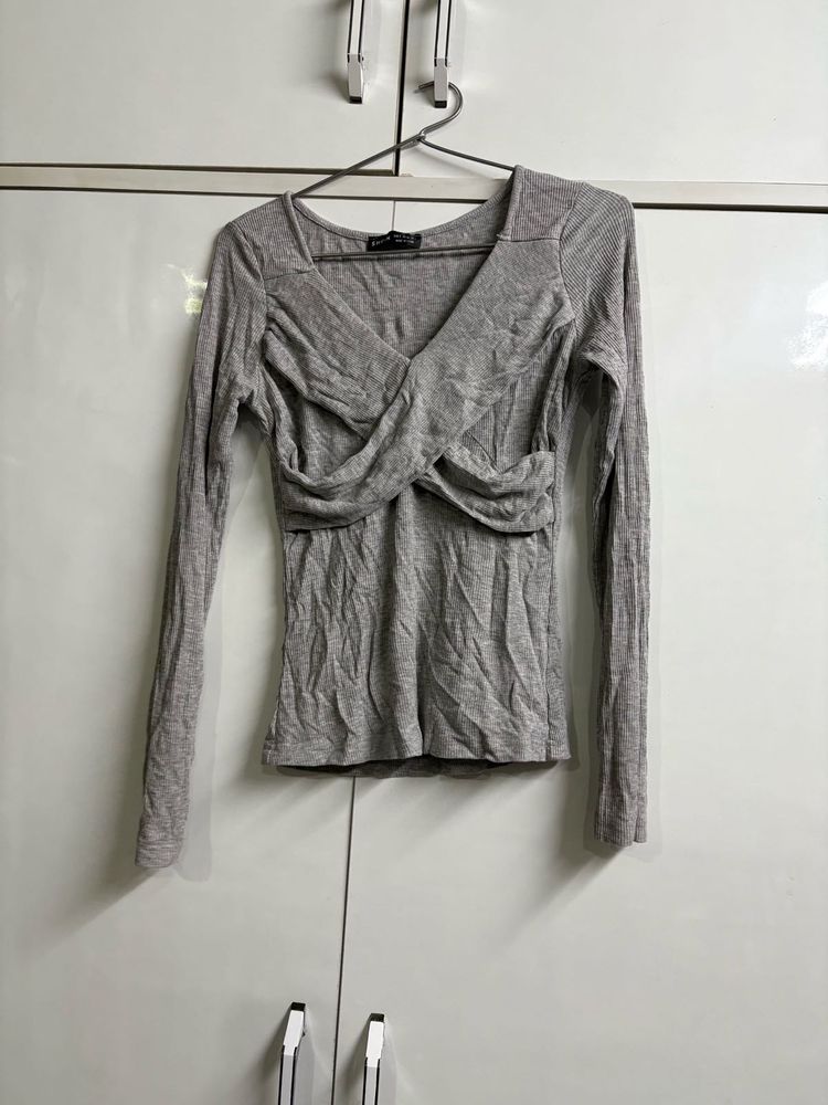 Grey Long Sleeve Twist Front Top