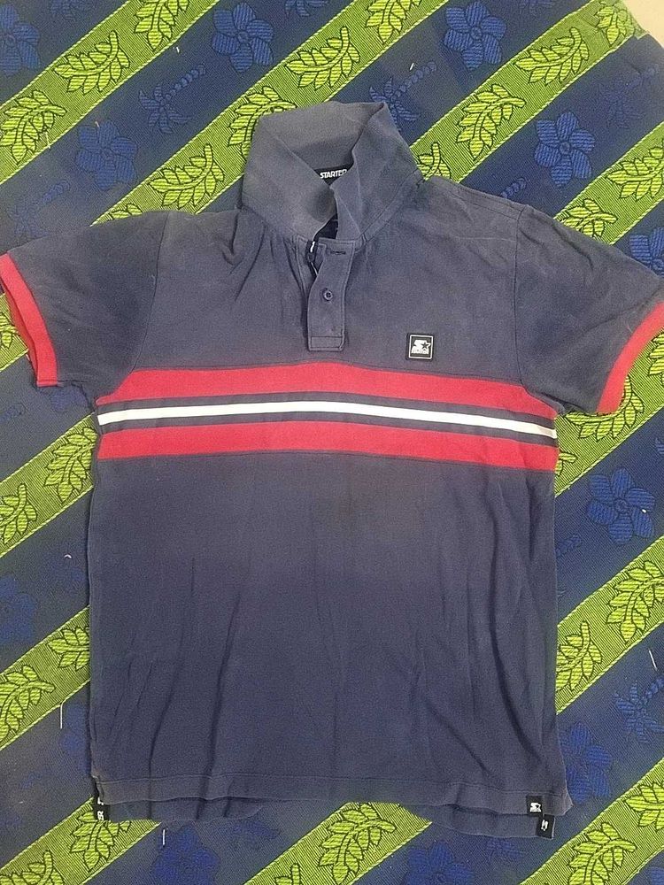 Men's Blue &amp; Red Striped Polo Shirt Size M