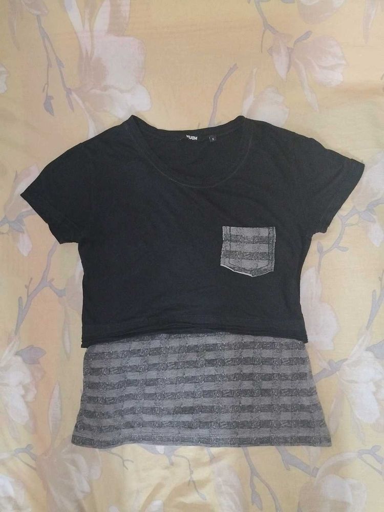 2-Piece Set - Black Crop Tee + Striped Cami