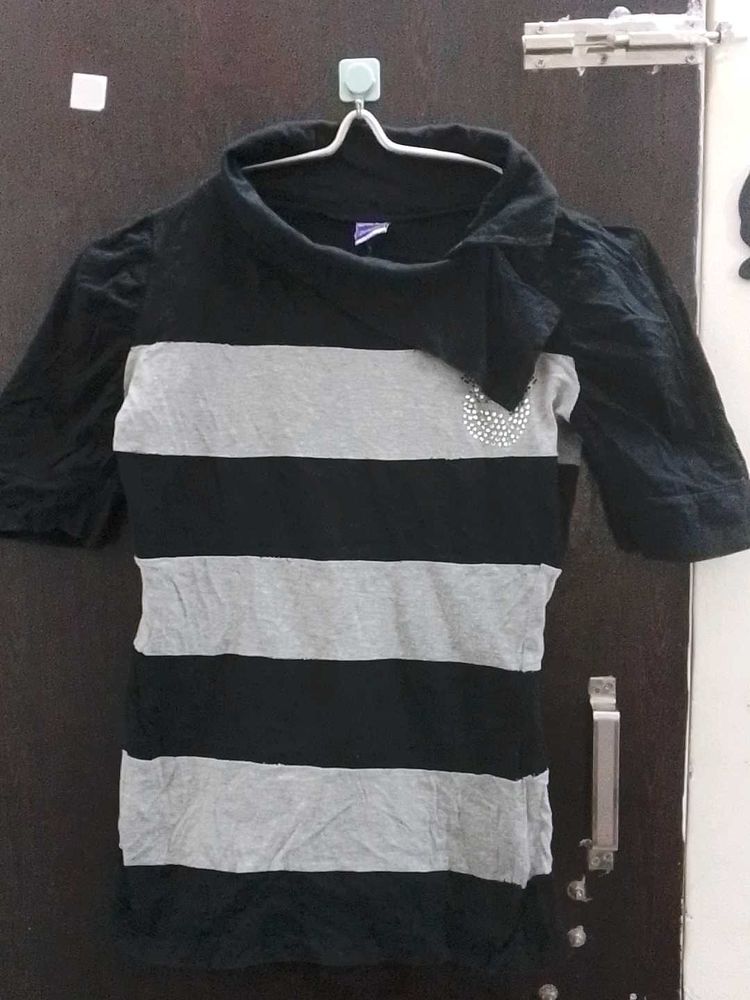 Striped Black &amp; Grey Top with Embellishment
