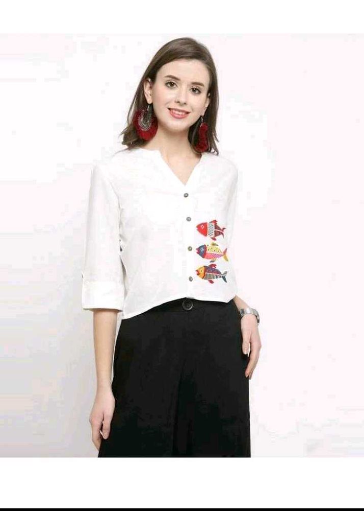 White top with Fish Embroidery