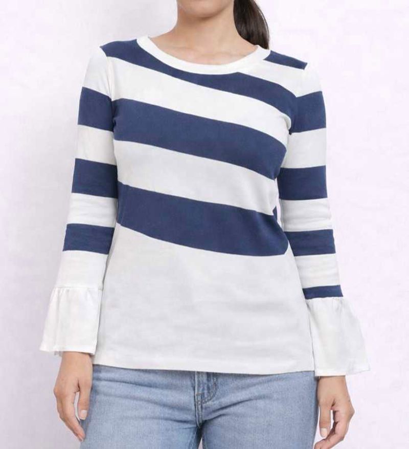 Blue and White Striped Bell Sleeve Top