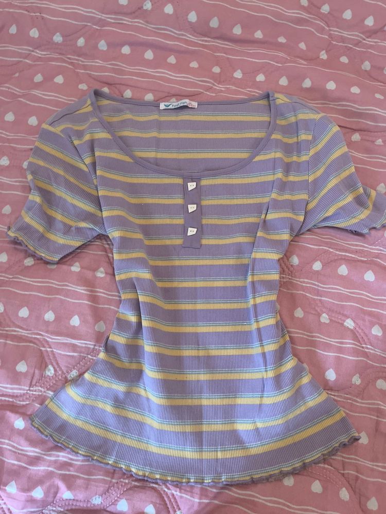Purple &amp; Yellow Striped Henley Top