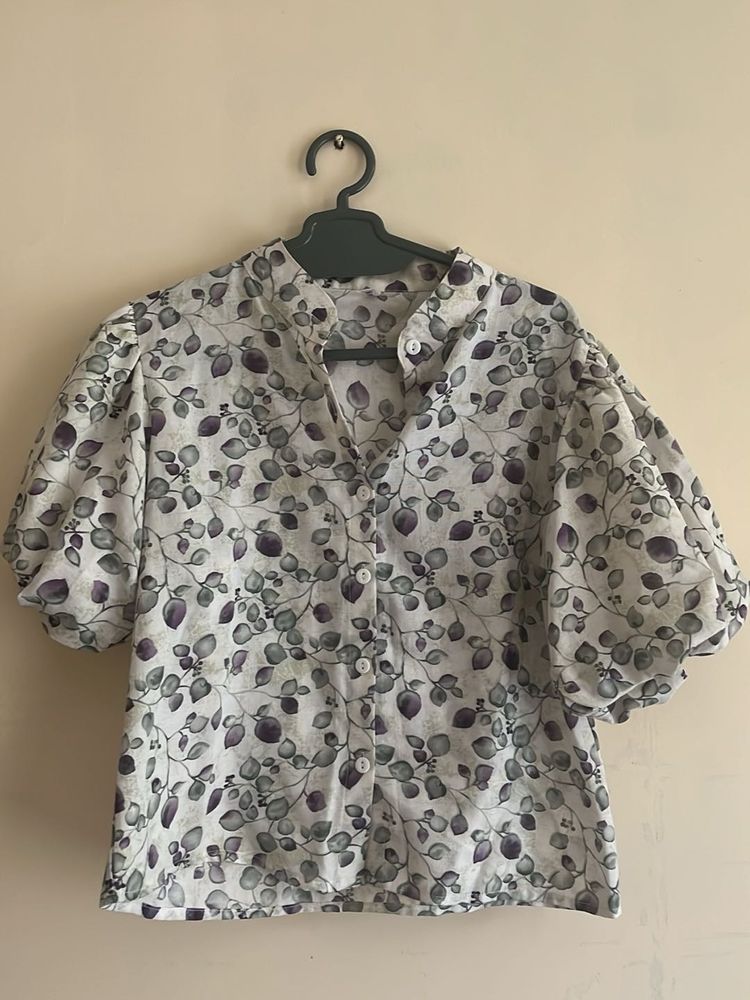 Puff Sleeve Pure Cotton Button-Up Top
