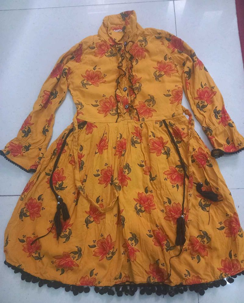 Yellow Floral Print Ethnic Gown