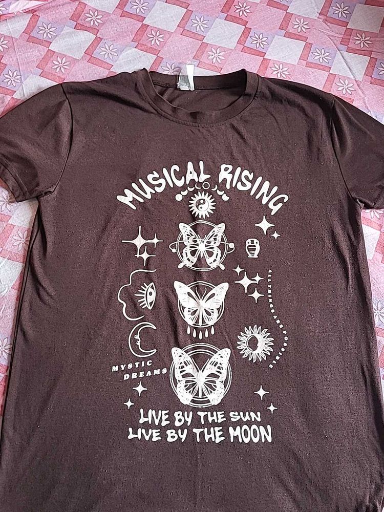 Brown Graphic T-Shirt with Butterfly Design