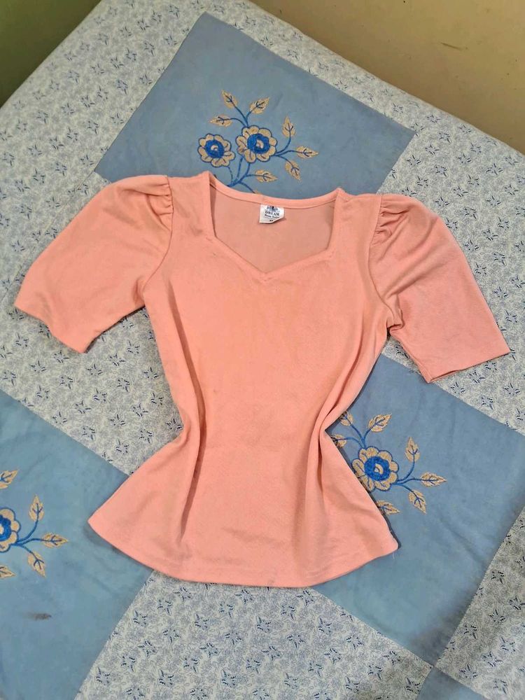 Chic Pink Square Neck Puff Sleeve Top