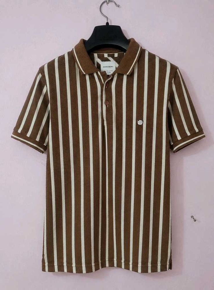 Brown &amp; Cream Striped Polo T-Shirt | Half Sleeve