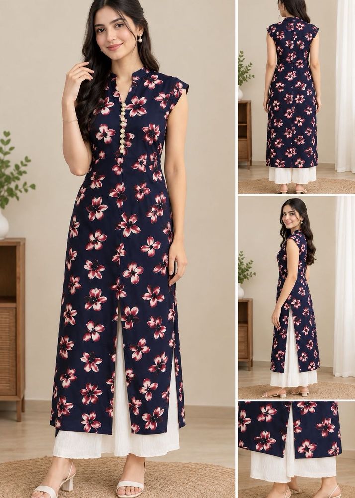 Navy Floral V-Neck Dress with Gold Buttons