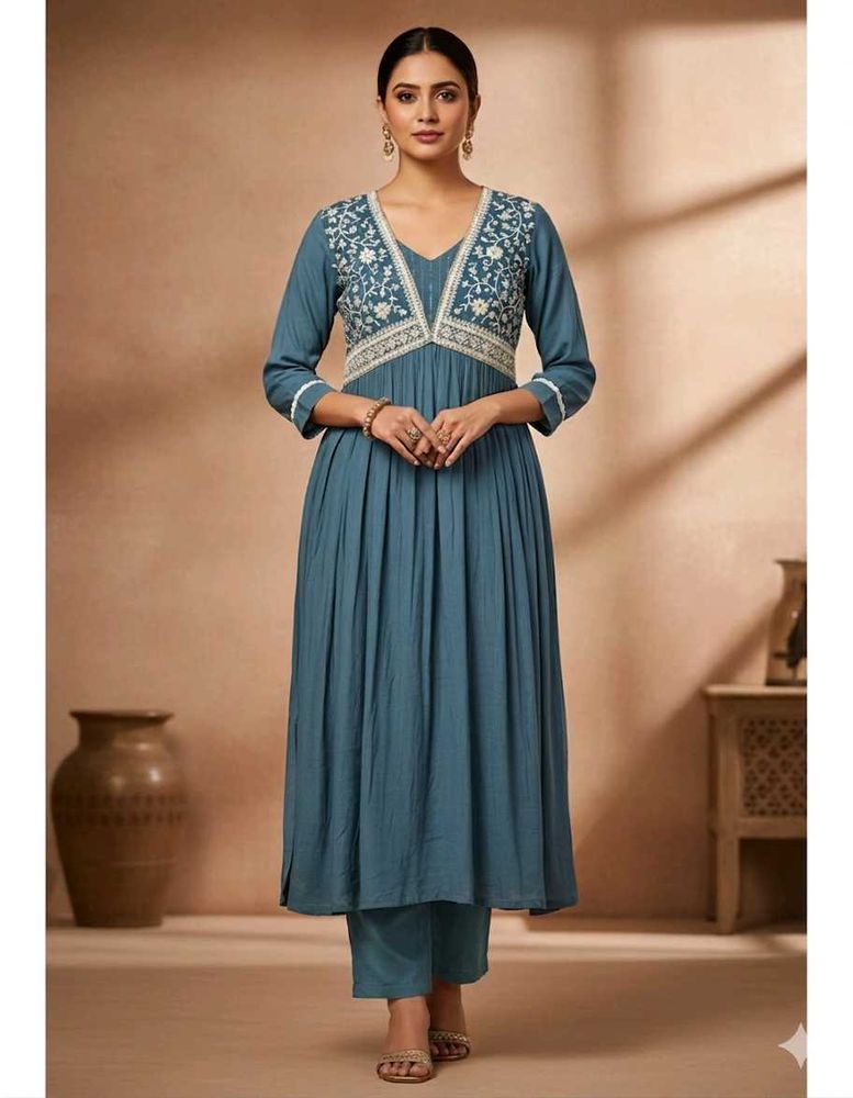 Blue Embroidered Kurti Pant Set for Women Party