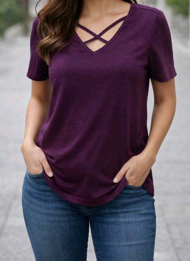 Stylish Criss-Cross Neck Purple T-Shirt