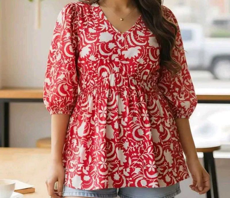 Chic Red Floral Print Peplum Top